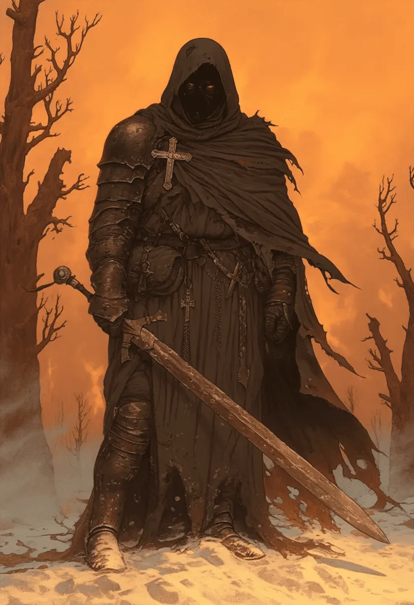 Ilustracja przedstawiająca mroczną postać wojownika w kapturze z elementami dark fantasy